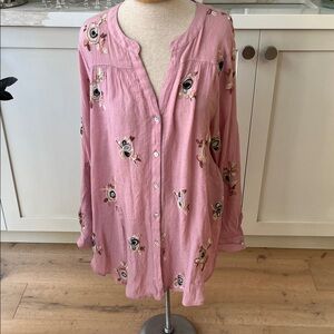 Anthropologie Dusty Rose Pink Embroidered Button-Front Blouse